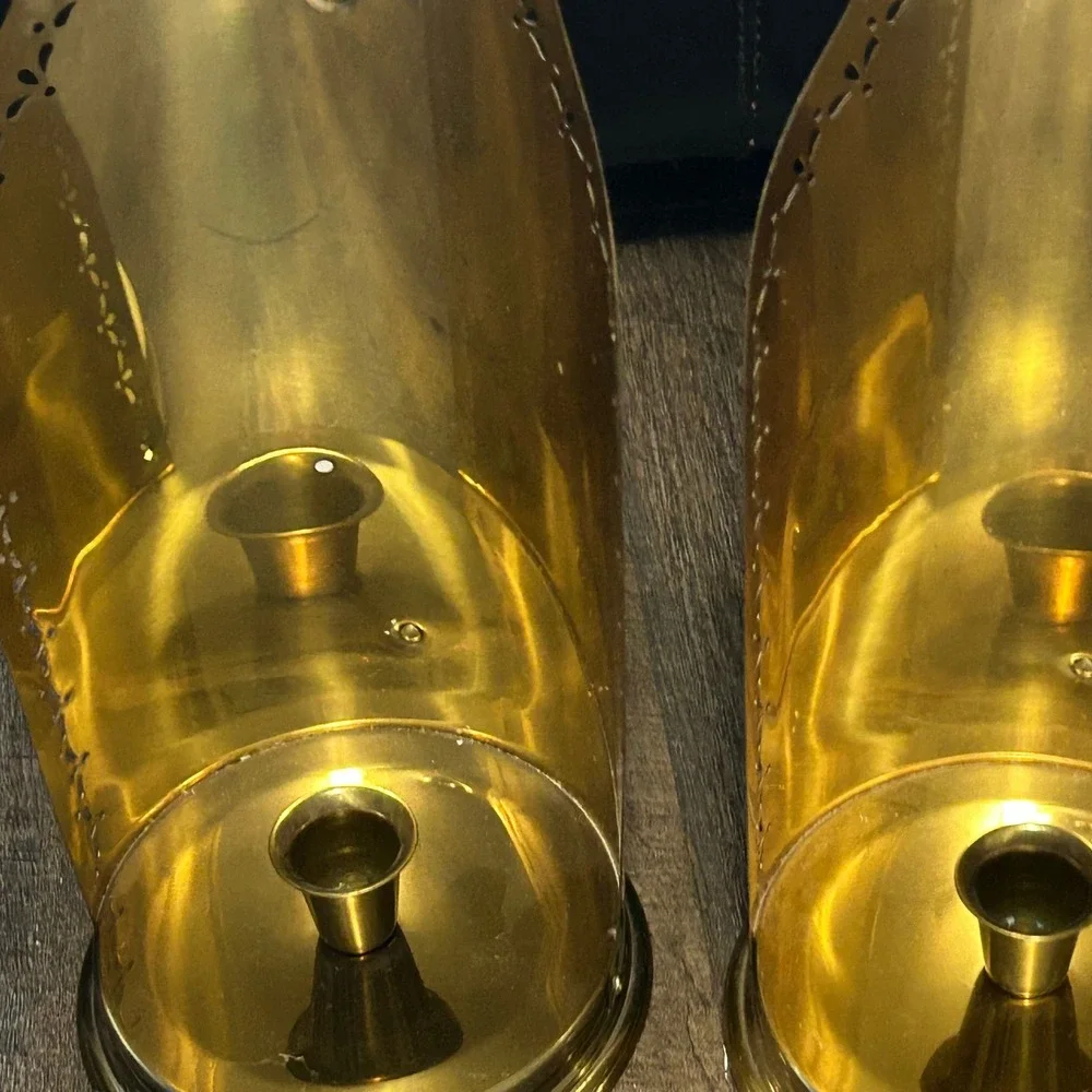 Vintage Hallmark Candles Brass Wall‎ Sconce Pair Pierced Floral Gold Tone 12